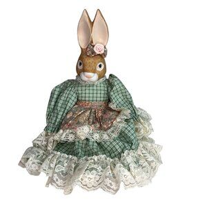 Vintage Anthropomorphic Country Ceramic Bunny Doll Green Plaid & Lace Dress